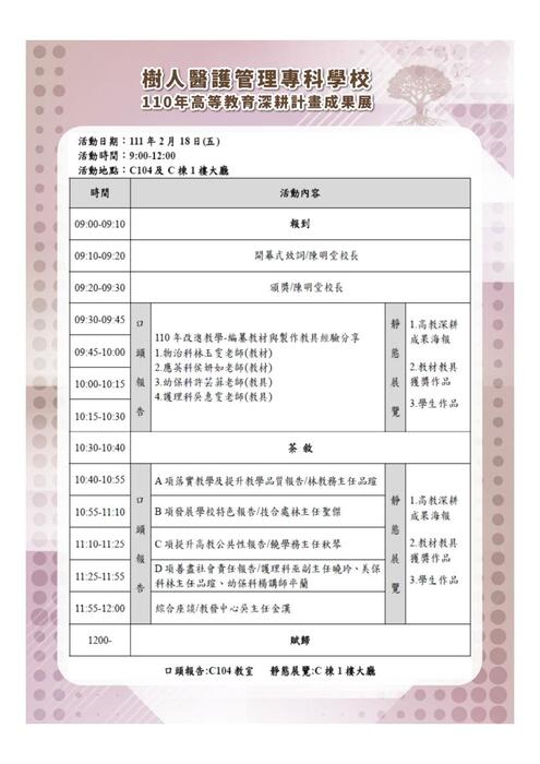 樹人醫護110高耕成果展活動時程表